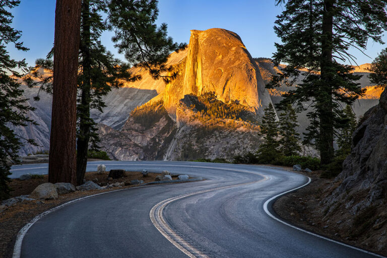 The sunset turned Half Dome yellow - best places to visit in Yosemite in the fall